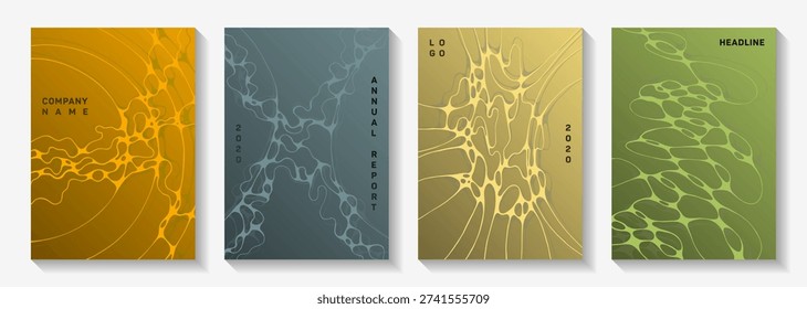 Scientific vector covers with molecular structure or nervous system cells. Curly waves net textures. Flat notebook vector layouts. Neurology scientific covers.