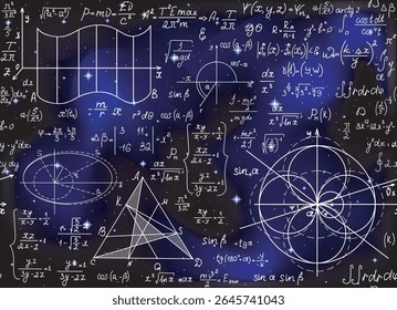 Scientific vector endless seamless pattern with math and physics formulas and calculations handwritten on the space background of stars