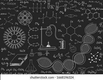 Textura vectorial científica sin fin con fórmulas químicas, ecuaciones, virus y dna, manuscritos en pizarra gris con tiza