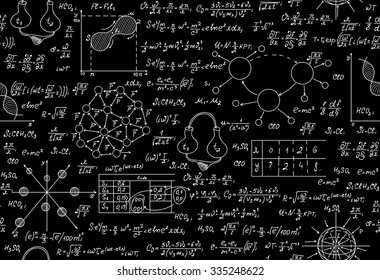 Scientific vector endless texture with chemical and physical formulas, tasks, plots