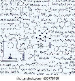 Scientific vector endless texture with chemical formulas, equations, task solutions, handwritten on grid copybook paper