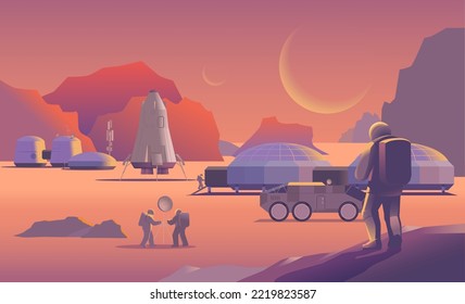 Scientific vector illustration of the colonization of the planets of the solar system