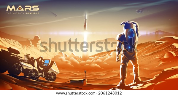The scientific vector illustration of a colony on Mars in the near future features the launching mission of the rocket into the atmosphere in one of the colonies.