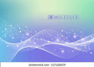 Scientific vector illustration genetic engineering and gene manipulation concept. DNA helix, DNA strand, molecule or atom, neurons. Abstract structure for Science or medical background. Wave flow.