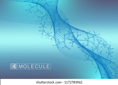 Scientific vector illustration genetic engineering and gene manipulation concept. DNA helix, DNA strand, molecule or atom, neurons. Abstract structure for Science or medical background. Wave flow.