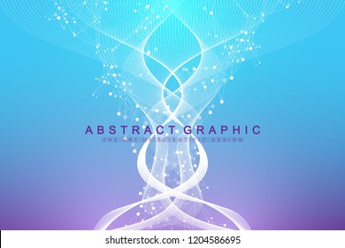 Scientific vector illustration genetic engineering and gene manipulation concept. DNA helix, DNA strand, molecule or atom, neurons. Abstract structure for Science or medical background. Wave flow.