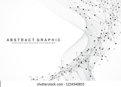 Scientific vector illustration genetic engineering and gene manipulation concept. DNA helix, DNA strand, molecule or atom, neurons. Abstract structure for Science or medical background. Wave flow.