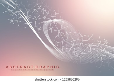 Scientific vector illustration genetic engineering and gene manipulation concept. DNA helix, DNA strand, molecule or atom, neurons. Abstract structure for Science or medical background. Wave flow.
