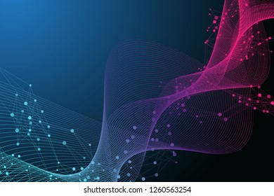 Scientific vector illustration genetic engineering and gene manipulation concept. DNA helix, DNA strand, molecule or atom, neurons. Abstract structure for Science or medical background. Wave flow.