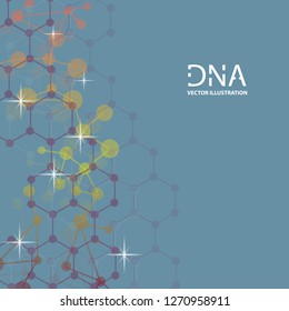 Scientific vector illustration genetic engineering and biotechnology concept. DNA helix, DNA strand, molecule or atom, neurons. Abstract gene manipulation or medical background