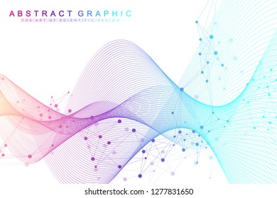 Scientific vector illustration genetic engineering and gene manipulation concept. DNA helix, DNA strand, molecule or atom, neurons. Abstract structure for Science or medical background. Wave flow.