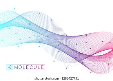 Scientific vector illustration genetic engineering and gene manipulation concept. DNA helix, DNA strand, molecule or atom, neurons. Abstract structure for Science or medical background. Wave flow