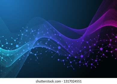 Scientific vector illustration genetic engineering and gene manipulation concept. DNA helix, DNA strand, molecule or atom, neurons. Abstract structure for Science or medical background. Wave flow.