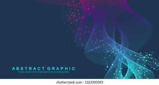 Scientific vector illustration genetic engineering and gene manipulation concept. DNA helix, DNA strand, molecule or atom, neurons. Abstract structure for Science or medical background. Wave flow.
