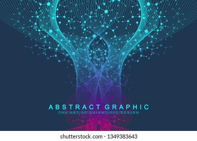 Scientific vector illustration genetic engineering and gene manipulation concept. DNA helix, DNA strand, molecule or atom, neurons. Abstract structure for Science or medical background. Wave flow.