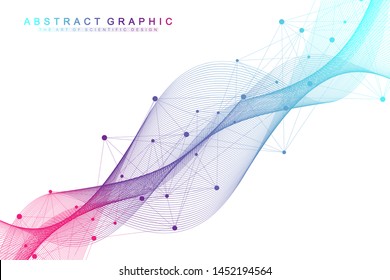 Scientific vector illustration genetic engineering and gene manipulation concept. DNA helix, DNA strand, molecule or atom, neurons. Abstract structure for Science or medical background. Wave flow.