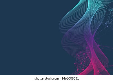 Scientific vector illustration genetic engineering and gene manipulation concept. DNA helix, DNA strand, molecule or atom, neurons. Abstract structure for Science or medical background. Wave flow.