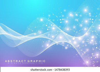 Konzept der wissenschaftlichen Vektorgrafik-Gentechnik und Genmanipulation. DNA-Helix, DNA-Strang, Molekül oder Atom, Neuronen. Abstrakte Struktur für Wissenschaft oder medizinischer Hintergrund. Wellenfluss