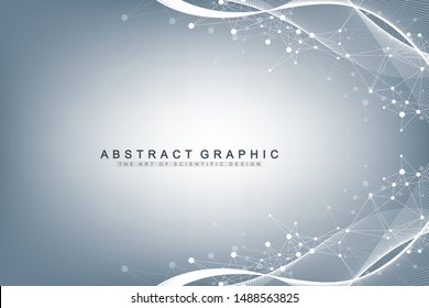 Scientific vector illustration genetic engineering and gene manipulation concept. DNA helix, DNA strand, molecule or atom, neurons. Abstract structure for Science or medical background. Wave flow