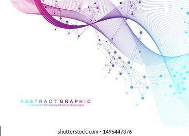 Scientific vector illustration genetic engineering and gene manipulation concept. DNA helix, DNA strand, molecule or atom, neurons. Abstract structure for Science or medical background. Wave flow.