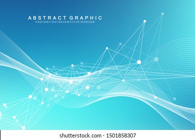 Scientific vector illustration genetic engineering and gene manipulation concept. DNA helix, DNA strand, molecule or atom, neurons. Abstract structure for Science or medical background. Wave flow.