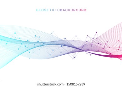 Scientific vector illustration genetic engineering and gene manipulation concept. DNA helix, DNA strand, molecule or atom, neurons. Abstract structure for Science or medical background. Wave flow