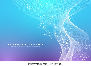 Scientific vector illustration genetic engineering and gene manipulation concept. DNA helix, DNA strand, molecule or atom, neurons. Abstract structure for Science or medical background. Wave flow.