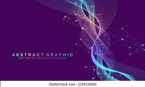 Scientific vector illustration genetic engineering and gene manipulation concept. DNA helix, DNA strand, molecule or atom, neurons. Abstract structure for Science or medical background. Wave flow.