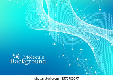 Scientific vector illustration genetic engineering and gene manipulation concept. DNA helix, DNA strand, molecule or atom, neurons. Abstract structure for Science or medical background. Wave flow.