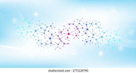 Scientific vector illustration genetic engineering and gene manipulation concept. DNA helix, DNA strand, molecule or atom, neurons. Abstract structure for Science or medical background. CRISPR CAS9