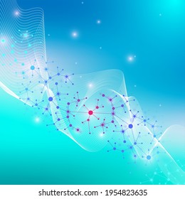 Concepto de ingeniería genética y manipulación genética de ilustraciones vectoriales científicas. hélice de ADN, cadena de ADN, molécula o átomo, neuronas. Estructura abstracta para ciencias o antecedentes médicos. 
