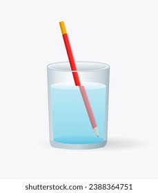 Scientific vector illustration. Light refraction. Refraction through water