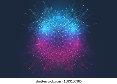 Scientific vector illustration quantum computer technology. Plexus fiction effect. Deep learning artificial intelligence. Big data algorithms visualization. Quantum explosion background