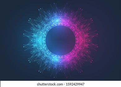 Scientific vector illustration quantum computer technology. Plexus fiction effect. Deep learning artificial intelligence. Big data algorithms visualization. Quantum explosion background