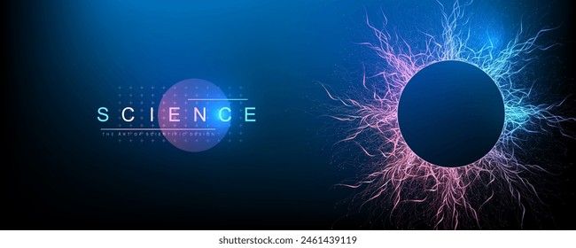 Ilustración vectorial científica de la tecnología de computación cuántica. Efecto de ficción de plexo. Inteligencia artificial de aprendizaje profundo. Visualización de algoritmos de macrodatos. Fondo de explosión cuántica