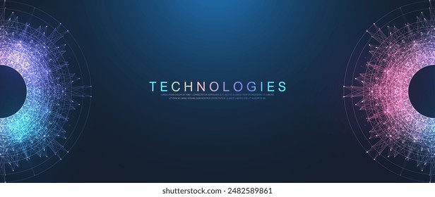 Scientific vector illustration quantum computer technology. Plexus fiction effect. Deep learning artificial intelligence. Big data algorithms visualization. Quantum explosion background