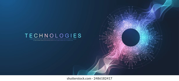 Scientific vector illustration quantum computer technology. Plexus fiction effect. Deep learning artificial intelligence. Big data algorithms visualization. Quantum explosion background