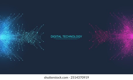 Scientific vector illustration quantum computer technology. Plexus fiction effect. Deep learning artificial intelligence. Big data algorithms visualization. Quantum explosion background.