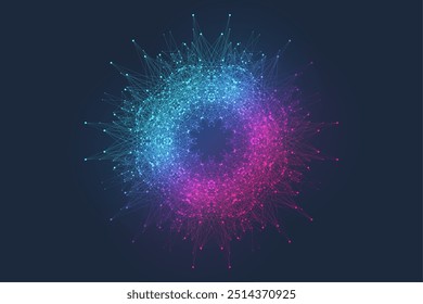 Vetor científico ilustração da tecnologia de computador quântico. Efeito de ficção de plexo. Inteligência artificial de aprendizagem profunda. Visualização de algoritmos de Big Data. Fundo de explosão quântica.