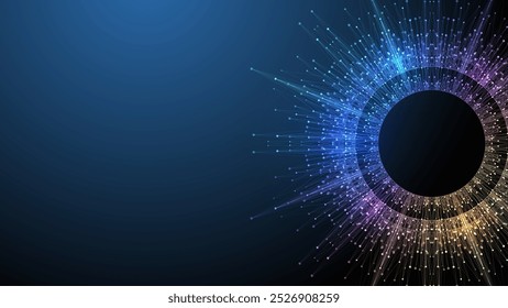 Scientific vector illustration quantum computer technology. Plexus fiction effect. Deep learning artificial intelligence. Big data algorithms visualization. Quantum explosion background.