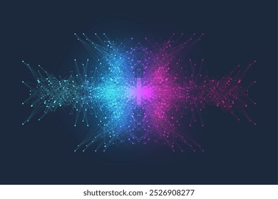 Vetor científico ilustração da tecnologia de computador quântico. Efeito de ficção de plexo. Inteligência artificial de aprendizagem profunda. Visualização de algoritmos de Big Data. Fundo de explosão quântica.