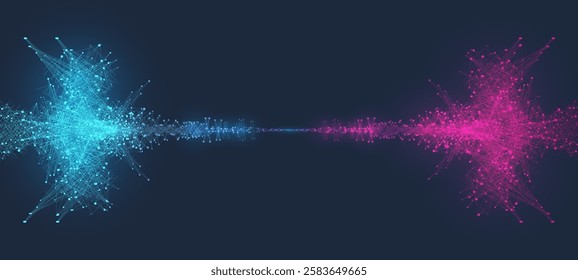 Scientific vector illustration quantum computer technology. Plexus fiction effect. Deep learning artificial intelligence. Big data algorithms visualization. Quantum explosion background.