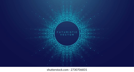 Wissenschaftliche Vektorgrafik der Quanten-Qubit-Technologie. Plexus-Fiktion-Effekt. Tiefe künstliche Intelligenz zu erlernen. Visualisierung von Big-Data-Algorithmen. Quantenexplosion, Hintergrund