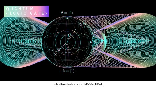 Scientific vector illustration of quantum-mechanical computing systems: Bloch sphere representation of a qubit. The probability amplitudes for the superposition state, spin up and spin down.