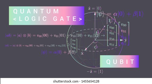 Scientific vector illustration of quantum-mechanical computing systems: Bloch sphere representation of a qubit. The probability amplitudes for the superposition state, spin up and spin down.