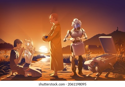 The scientific vector illustration of the society in the future of a human husband with an alien wife, living a simple life in a rural area, is giving alms to a monk with their great faith