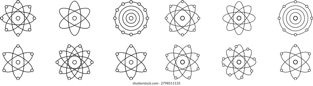 Scientific vector illustrations of atomic structures with orbits and electrons. Ideal for chemistry physics education and laboratory research materials. Modern outline icons representing energy molecules and subatomic.