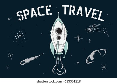 scientific vector illustration.Space travel of rocket in deep cosmos. Childish cartoon style