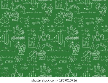 Scientific vector school board. Hand drawn doodle cartoon seamless pattern of Science theme. 