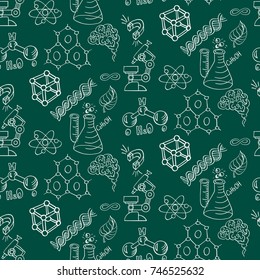 Scientific vector school board. Hand drawn doodle cartoon seamless pattern of Science theme. 